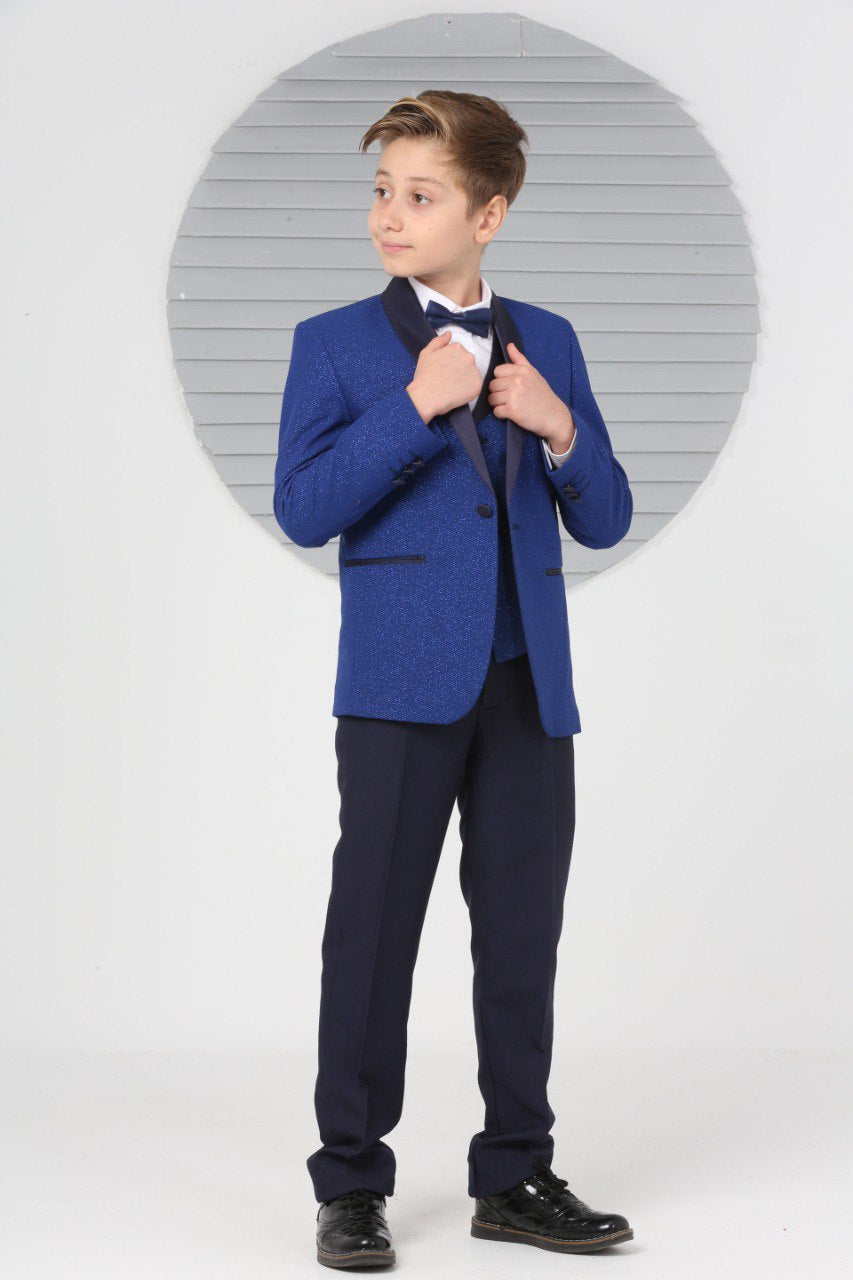 Navy Blue Boys Pageboy Shimmery Wedding Tuxedo Suit Slim Fit 5 Piece Special Occasion Outfit